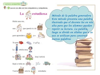 Método de la palabra generadora Este método presenta una palabra ilustrada que el docente lee en voz alta para que los alumnos puedan repetir su lectura. La palabra, luego se divide en sílabas que a su vez se utilizan para construir nuevas palabras 