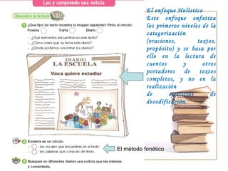 El enfoque Holístico Este enfoque enfatiza los primeros niveles de la categorización  (oraciones, textos, propósito) y se basa por ello en la lectura de cuentos y otros portadores de textos completos, y no en la realización de ejercicios de decodificación. El método fonético 