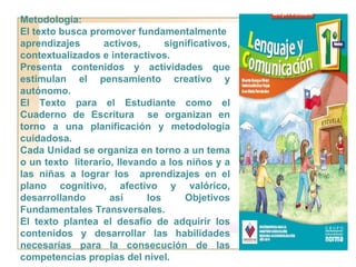 Metodología: El texto busca promover fundamentalmente  aprendizajes activos, significativos, contextualizados e interactivos.  Presenta contenidos y actividades que estimulan el pensamiento creativo y autónomo. El Texto para el Estudiante como el Cuaderno de Escritura  se organizan en torno a una planificación y metodología cuidadosa. Cada Unidad se organiza en torno a un tema o un texto  literario, llevando a los niños y a las niñas a lograr los  aprendizajes en el plano cognitivo, afectivo y valórico, desarrollando así los Objetivos Fundamentales Transversales. El texto plantea el desafío de adquirir los contenidos y desarrollar las habilidades necesarias para la consecución de las competencias propias del nivel. 