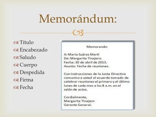 
 Título
 Encabezado
 Saludo
 Cuerpo
 Despedida
 Firma
 Fecha
Memorándum:
 