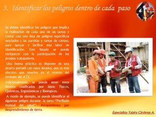 Especialista Yajaira Cárdenas A.
Se deben identificar los peligros que implica
la realización de cada una de las tareas y
contar con una lista de peligros específicos
asociados a las partidas y tareas de campo,
para apoyar y facilitar esta labor de
identificación. Este listado se puede
enriquecer con la participación de los
propios trabajadores.
Una buena práctica es disponer de una
pizarra portátil con estos listados, que es más
efectivo que tenerlos en el reverso del
formato del ATS.
Adicionalmente, se puede tener estos
listados clasificados por tipos: Físicos,
Químicos, Ergonómicos y Biológicos.
A modo de ejemplo, se puede identificar el
siguiente peligro durante la tarea “Perfilado
manual del talud”: Atrapamiento por
desprendimiento de tierra.
3. Identificar los peligros dentro de cada paso
 