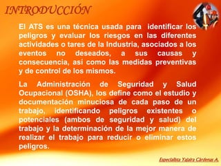 Especialista Yajaira Cárdenas A.
INTRODUCCIÓN
El ATS es una técnica usada para identificar los
peligros y evaluar los riesgos en las diferentes
actividades o tares de la Industria, asociados a los
eventos no deseados, a sus causas y
consecuencia, así como las medidas preventivas
y de control de los mismos.
La Administración de Seguridad y Salud
Ocupacional (OSHA), los define como el estudio y
documentación minuciosa de cada paso de un
trabajo, identificando peligros existentes o
potenciales (ambos de seguridad y salud) del
trabajo y la determinación de la mejor manera de
realizar el trabajo para reducir o eliminar estos
peligros.
 