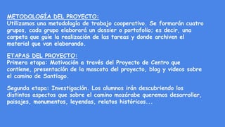 METODOLOGÍA DEL PROYECTO:
Utilizamos una metodología de trabajo cooperativo. Se formarán cuatro
grupos, cada grupo elaborará un dossier o portafolio; es decir, una
carpeta que guíe la realización de las tareas y donde archiven el
material que van elaborando.
ETAPAS DEL PROYECTO:
Primera etapa: Motivación a través del Proyecto de Centro que
contiene, presentación de la mascota del proyecto, blog y videos sobre
el camino de Santiago.
Segunda etapa: Investigación. Los alumnos irán descubriendo los
distintos aspectos que sobre el camino mozárabe queremos desarrollar,
paisajes, monumentos, leyendas, relatos históricos...
 