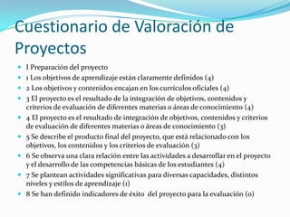 Cuestionario de Valoración de
Proyectos
 I Preparación del proyecto
 1 Los objetivos de aprendizaje están claramente definidos (4)
 2 Los objetivos y contenidos encajan en los currículos oficiales (4)
 3 El proyecto es el resultado de la integración de objetivos, contenidos y
criterios de evaluación de diferentes materias o áreas de conocimiento (4)
 4 El proyecto es el resultado de integración de objetivos, contenidos y criterios
de evaluación de diferentes materias o áreas de conocimiento (3)
 5 Se describe el producto final del proyecto, que está relacionado con los
objetivos, los contenidos y los criterios de evaluación (3)
 6 Se observa una clara relación entre las actividades a desarrollar en el proyecto
y el desarrollo de las competencias básicas de los estudiantes (4)
 7 Se plantean actividades significativas para diversas capacidades, distintos
niveles y estilos de aprendizaje (1)
 8 Se han definido indicadores de éxito del proyecto para la evaluación (0)
 