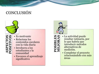 CONCLUSIÓN
ASPECTOS
POSITIVOS
• Es motivante
• Relaciona los
contenidos escolares
con la vida diaria
• Involucra a los
estudiantes y la
comunidad
• Favorece el aprendizaje
significativo
POSIBLES
MEJORAS
• La actividad puede
resultar rutinaria, por
lo que habría que
introducir métodos
alternativos de
medición.
• Completar el proyecto
relacionándolo con más
áreas
 