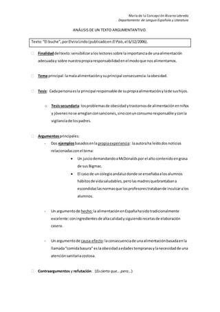 María de la Concepción ÁlvarezLebredo
Departamento de Lengua Española y Literatura
ANÁLISIS DE UN TEXTO ARGUMENTANTIVO.
Te...