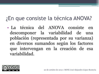 ¿En que consiste la técnica ANOVA?
• La técnica del ANOVA consiste en
descomponer la variabilidad de una
población (representada por su varianza)
en diversos sumandos según los factores
que intervengan en la creación de esa
variabilidad.
20 de octubre de 2012 | MINE José Alejandro López Rentería
 