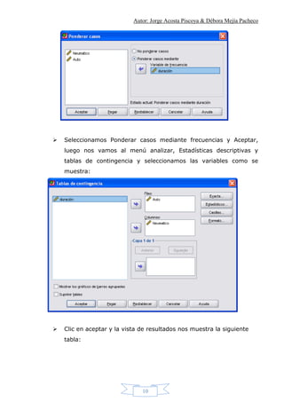 Autor: Jorge Acosta Piscoya & Débora Mejía Pacheco
10
 Seleccionamos Ponderar casos mediante frecuencias y Aceptar,
luego nos vamos al menú analizar, Estadísticas descriptivas y
tablas de contingencia y seleccionamos las variables como se
muestra:
 Clic en aceptar y la vista de resultados nos muestra la siguiente
tabla:
 