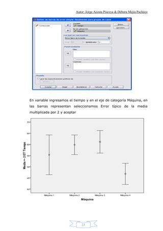 Autor: Jorge Acosta Piscoya & Débora Mejía Pacheco
23
En variable ingresamos el tiempo y en el eje de categoría Máquina, en
las barras representan seleccionamos Error típico de la media
multiplicada por 2 y aceptar
 