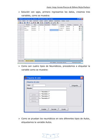 Autor: Jorge Acosta Piscoya & Débora Mejía Pacheco
8
 Solución con spps, primero ingresamos los datos, creamos tres
variables, como se muestra:
 Como son cuatro tipos de Neumáticos, procedemos a etiquetar la
variable como se muestra:
 Como se prueban los neumáticos en seis diferentes tipos de Autos,
etiquetamos la variable Autos.
 
