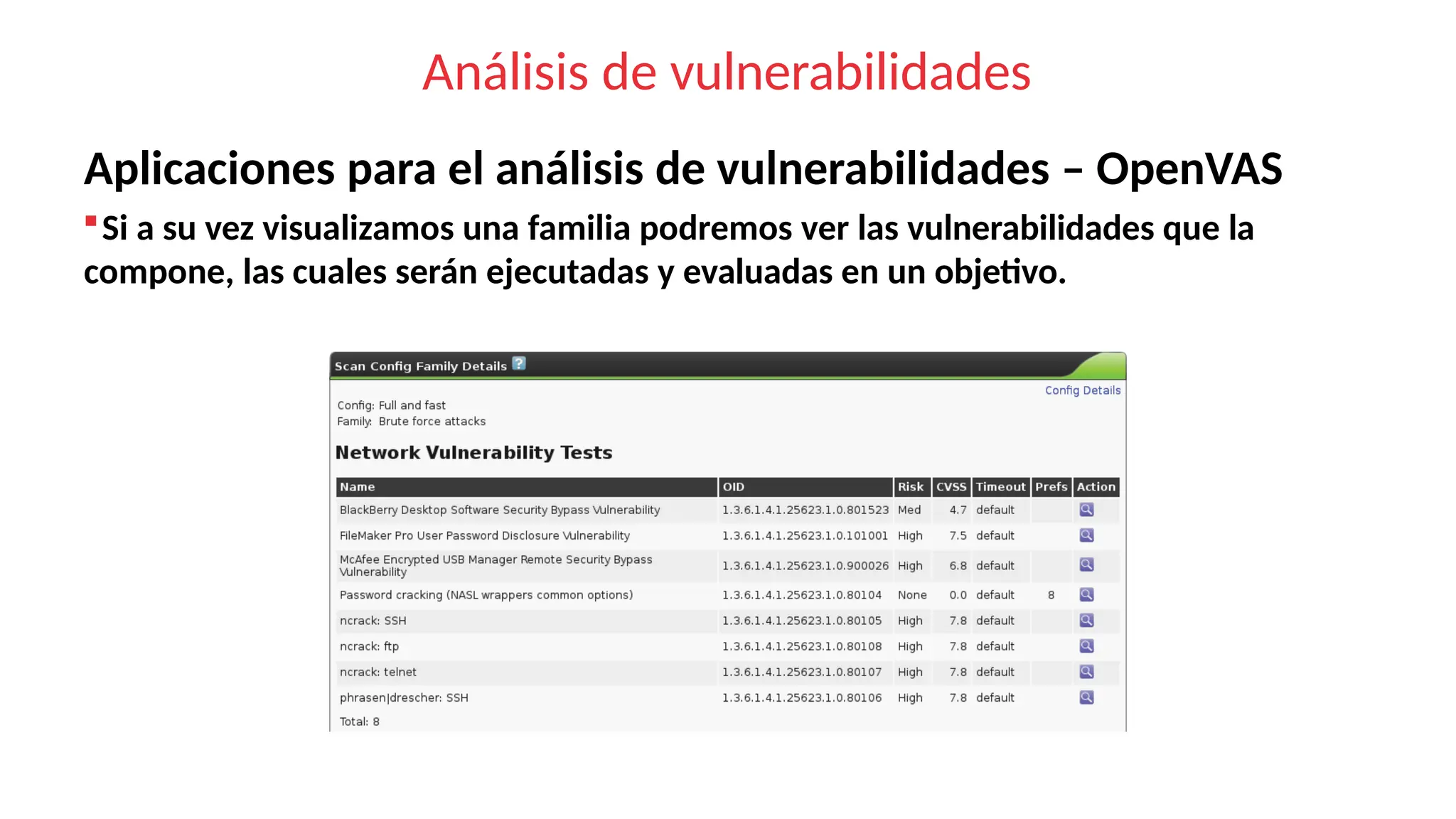 Análisis de vulnerabilidades
Aplicaciones para el análisis de vulnerabilidades – OpenVAS
Si a su vez visualizamos una familia podremos ver las vulnerabilidades que la
compone, las cuales serán ejecutadas y evaluadas en un objetivo.
 