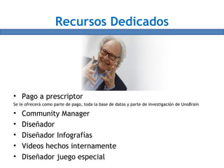 Recursos Dedicados
• Pago a prescriptor
Se le ofrecerá como parte de pago, toda la base de datos y parte de investigación de UnoBrain
• Community Manager
• Diseñador
• Diseñador Infografías
• Videos hechos internamente
• Diseñador juego especial
 