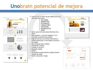  Creación de un menu top de rápido acceso las
diferentes secciones.
 FULL BRAIN
 DEPORTISTAS
 ESTUDIANTES
 CONDUCTORES
 EJECUTIVOS
 MAYORES DE 60
 NIÑOS
 Quick jump entre secciones distintas de la
Home
 Web dinámica - Carrusel imágenes 1,2,3
enseñado los distintos productos
 Paginas internas con menos información y
explicaciones para ir mas rápido al acceso a
los juegos
 Que los pasos sean clicables
 Iconografía clicable
 2 pasos en vez de 3
 Búsqueda rápida
 Idioma
 Contenido en bullet points straight forward
lateado de video
 Faster conversion 2 steps
estudiantes
Unobrain potencial de mejora
 