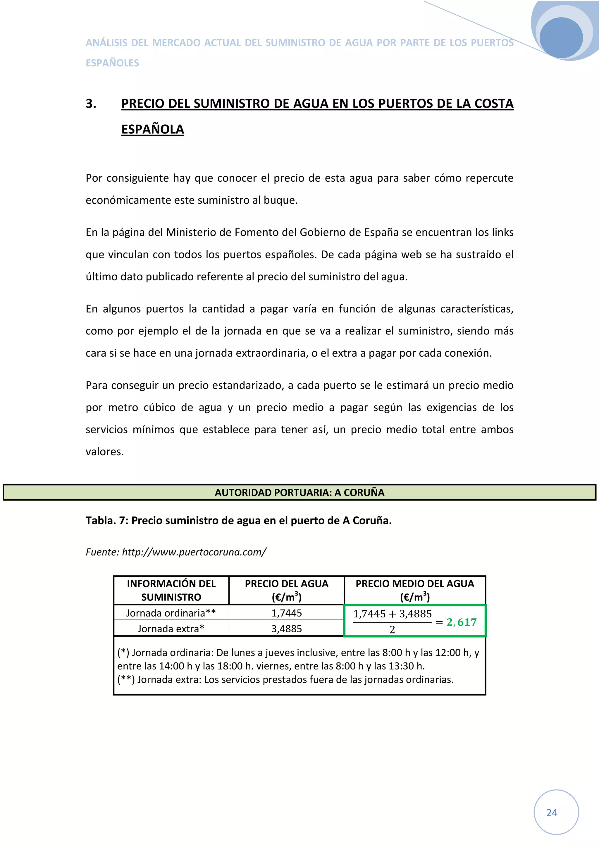 ANÁLISIS DEL MERCADO ACTUAL DEL SUMINISTRO DE AGUA POR PARTE DE LOS PUERTOS
ESPAÑOLES
24
3. PRECIO DEL SUMINISTRO DE AGUA EN LOS PUERTOS DE LA COSTA
ESPAÑOLA
Por consiguiente hay que conocer el precio de esta agua para saber cómo repercute
económicamente este suministro al buque.
En la página del Ministerio de Fomento del Gobierno de España se encuentran los links
que vinculan con todos los puertos españoles. De cada página web se ha sustraído el
último dato publicado referente al precio del suministro del agua.
En algunos puertos la cantidad a pagar varía en función de algunas características,
como por ejemplo el de la jornada en que se va a realizar el suministro, siendo más
cara si se hace en una jornada extraordinaria, o el extra a pagar por cada conexión.
Para conseguir un precio estandarizado, a cada puerto se le estimará un precio medio
por metro cúbico de agua y un precio medio a pagar según las exigencias de los
servicios mínimos que establece para tener así, un precio medio total entre ambos
valores.
AUTORIDAD PORTUARIA: A CORUÑA
Tabla. 7: Precio suministro de agua en el puerto de A Coruña.
Fuente: http://www.puertocoruna.com/
INFORMACIÓN DEL
SUMINISTRO
PRECIO DEL AGUA
(€/m3
)
PRECIO MEDIO DEL AGUA
(€/m3
)
Jornada ordinaria** 1,7445 1,7445 + 3,4885
2
= ,
Jornada extra* 3,4885
(*) Jornada ordinaria: De lunes a jueves inclusive, entre las 8:00 h y las 12:00 h, y
entre las 14:00 h y las 18:00 h. viernes, entre las 8:00 h y las 13:30 h.
(**) Jornada extra: Los servicios prestados fuera de las jornadas ordinarias.
 