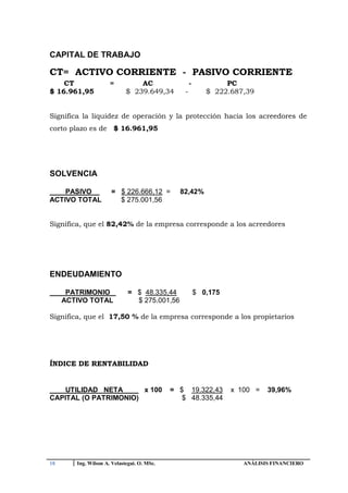 CAPITAL DE TRABAJO

CT= ACTIVO CORRIENTE - PASIVO CORRIENTE
    CT                =          AC                  -           PC
$ 16.961,95                  $ 239.649,34        -          $ 222.687,39


Significa la liquidez de operación y la protección hacia los acreedores de
corto plazo es de $ 16.961,95




SOLVENCIA

    PASIVO            = $ 226.666,12 =         82,42%
ACTIVO TOTAL            $ 275.001,56


Significa, que el 82,42% de la empresa corresponde a los acreedores




ENDEUDAMIENTO

      PATRIMONIO              = $ 48.335,44              $ 0,175
     ACTIVO TOTAL               $ 275.001,56

Significa, que el 17,50 % de la empresa corresponde a los propietarios




ÍNDICE DE RENTABILIDAD


    UTILIDAD NETA      x 100                 = $ 19.322,43         x 100 =   39,96%
CAPITAL (O PATRIMONIO)                          $ 48.335,44




18      Ing. Wilson A. Velastegui. O. MSc.                            ANÁLISIS FINANCIERO
 