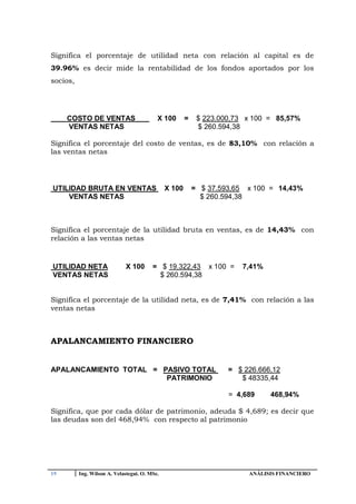 Significa el porcentaje de utilidad neta con relación al capital es de
39.96% es decir mide la rentabilidad de los fondos aportados por los
socios,




     COSTO DE VENTAS                       X 100       =    $ 223.000,73 x 100 = 85,57%
     VENTAS NETAS                                           $ 260.594,38

Significa el porcentaje del costo de ventas, es de 83,10% con relación a
las ventas netas




UTILIDAD BRUTA EN VENTAS                       X 100       = $ 37.593,65 x 100 = 14,43%
    VENTAS NETAS                                             $ 260.594,38



Significa el porcentaje de la utilidad bruta en ventas, es de 14,43% con
relación a las ventas netas


UTILIDAD NETA                X 100       = $ 19.322,43 x 100 =         7,41%
VENTAS NETAS                               $ 260.594,38


Significa el porcentaje de la utilidad neta, es de 7,41% con relación a las
ventas netas



APALANCAMIENTO FINANCIERO


APALANCAMIENTO TOTAL = PASIVO TOTAL                                 = $ 226.666,12
                        PATRIMONIO                                     $ 48335,44

                                                                    = 4,689    468,94%

Significa, que por cada dólar de patrimonio, adeuda $ 4,689; es decir que
las deudas son del 468,94% con respecto al patrimonio




19        Ing. Wilson A. Velastegui. O. MSc.                             ANÁLISIS FINANCIERO
 