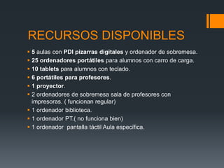 RECURSOS DISPONIBLES 
 5 aulas con PDI pizarras digitales y ordenador de sobremesa. 
 25 ordenadores portátiles para alumnos con carro de carga. 
 10 tablets para alumnos con teclado. 
 6 portátiles para profesores. 
 1 proyector. 
 2 ordenadores de sobremesa sala de profesores con 
impresoras. ( funcionan regular) 
 1 ordenador biblioteca. 
 1 ordenador PT.( no funciona bien) 
 1 ordenador pantalla táctil Aula específica. 
 