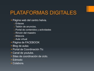 PLATAFORMAS DIGITALES 
 Página web del centro helvia. 
o Enlaces 
o Tablón de anuncios. 
o Portal de contenidos y actividades 
o Rincón del maestro 
o Bitácora 
o Aula virtual 
 Página de FACEBOOK 
 Blog de aulas 
 Portal de Coordinación Tic 
 Canal de youtube. 
 Sites de coordinación de ciclo. 
 Edmodo 
 Colabora. 
 