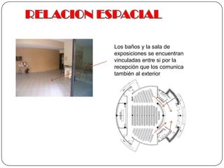 RELACION ESPACIALLos baños y la sala de exposiciones se encuentran vinculadas entre si por la recepción que los comunica también al exterior 