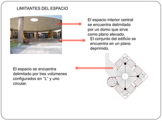 LIMITANTES DEL ESPACIOEl espacio interior central se encuentra delimitado por un domo que sirve como plano elevado. El conjunto del edificio se encuentra en un plano deprimido.El espacio se encuentra delimitado por tres volúmenes configurados en ‘’L’’ y uno circular.
