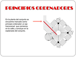 PRINCIPIOS ORDENADORESEn la planta del conjunto se encuentra marcado como principio ordenador un eje transversal  que comienza en la calle y concluye en la explanada del conjunto.