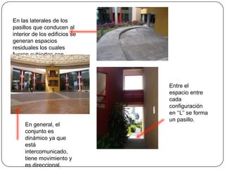 En las laterales de los pasillos que conducen al interior de los edificios se generan espacios residuales los cuales fueron cubiertos con vegetación. Entre el espacio entre cada configuración en ‘‘L’’ se forma un pasillo.En general, el conjunto es dinámico ya que está intercomunicado, tiene movimiento y es direccional. 