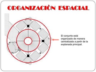 ORGANIZACIÒN  ESPACIALEl conjunto está organizado de manera centralizada a partir de la explanada principal.