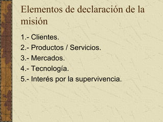 Elementos de declaración de la misión 1.- Clientes. 2.- Productos / Servicios. 3.- Mercados. 4.- Tecnología. 5.- Interés por la supervivencia.  