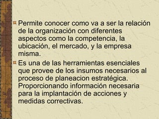 Permite conocer como va a ser la relación de la organización con diferentes aspectos como la competencia, la ubicación, el mercado, y la empresa misma.  Es una de las herramientas esenciales que provee de los insumos necesarios al proceso de planeacion estratégica. Proporcionando información necesaria para la implantación de acciones y medidas correctivas. 