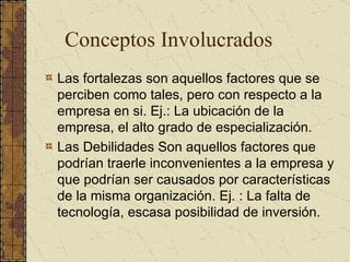 Conceptos Involucrados Las fortalezas son aquellos factores que se perciben como tales, pero con respecto a la empresa en si. Ej.: La ubicación de la empresa, el alto grado de especialización. Las Debilidades Son aquellos factores que podrían traerle inconvenientes a la empresa y que podrían ser causados por características de la misma organización. Ej. : La falta de tecnología, escasa posibilidad de inversión.  