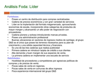 102
Análisis Foda: Líder
Fortalezas:
• Posee un centro de distribución para compras centralizadas
• Cadena de precios económicos y con gran variedad de servicios
• Líder en la implantación del formato megamercado, aprovechando
economías de escala, incorporando otras categorías de productos de
mayor margen y alcanzando un alto poder de negociación con
proveedores.
• Cadena pionera y exitosa introduciendo marcas privadas.
• Posee una administración profesional
• Buenas ubicaciones en sectores de ingresos medios de santiago, el grupo
D&S es el único que posee los terrenos necesarios para su plan de
crecimiento y una sólida capacidad técnica y financiera.
• Es una de las tres cadenas que realiza publicidad
• Primera cadena en introducir tarjeta de crédito a sus clientes
• Alta demanda y buen margen de sus espacios de venta.
• La primera cadena en implementar una escuela de servicio
Debilidades:
• Hostilidad de proveedores y competidores por agresivas políticas de
compras y de precios de venta.
• Pocas salas de venta en regiones.
• Pocas salas de venta en comunas de altos ingresos
• Poca experiencia internacional del grupo D&S
 