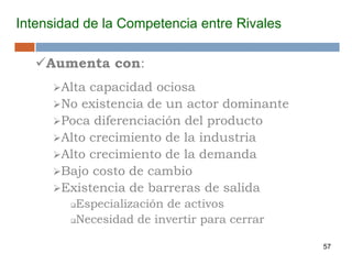 57
Intensidad de la Competencia entre Rivales
Aumenta con:
Alta capacidad ociosa
No existencia de un actor dominante
Poca diferenciación del producto
Alto crecimiento de la industria
Alto crecimiento de la demanda
Bajo costo de cambio
Existencia de barreras de salida
Especialización de activos
Necesidad de invertir para cerrar
 