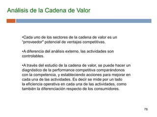 78
Análisis de la Cadena de Valor
•Cada uno de los sectores de la cadena de valor es un
“prroveedor" potencial de ventajas competitivas.
•A diferencia del análisis externo, las actividades son
controlables.
•A través del estudio de la cadena de valor, se puede hacer un
diagnóstico de la performance competitiva comparándonos
con la competencia, y estableciendo acciones para mejorar en
cada una de las actividades. Es decir se mide por un lado
la eficiencia operativa en cada una de las actividades, como
también la diferenciación respecto de los consumidores.
 