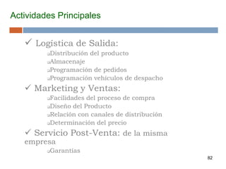 82
Actividades Principales
 Logística de Salida:
Distribución del producto
Almacenaje
Programación de pedidos
Programación vehículos de despacho
 Marketing y Ventas:
Facilidades del proceso de compra
Diseño del Producto
Relación con canales de distribución
Determinación del precio
 Servicio Post-Venta: de la misma
empresa
Garantías
 