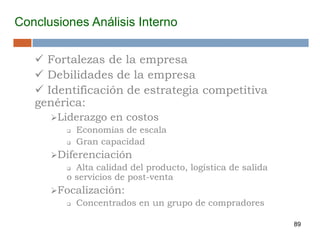 89
Conclusiones Análisis Interno
 Fortalezas de la empresa
 Debilidades de la empresa
 Identificación de estrategia competitiva
genérica:
Liderazgo en costos
 Economías de escala
 Gran capacidad
Diferenciación
 Alta calidad del producto, logística de salida
o servicios de post-venta
Focalización:
 Concentrados en un grupo de compradores
 