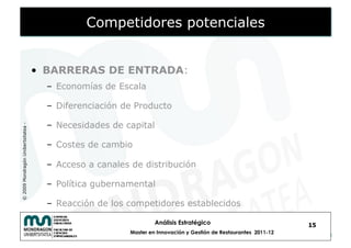 Competidores potenciales


                                    •  BARRERAS DE ENTRADA:
                                      –  Economías de Escala

                                      –  Diferenciación de Producto

                                      –  Necesidades de capital
© 2009 Mondragón Unibertsitatea -




                                      –  Costes de cambio

                                      –  Acceso a canales de distribución

                                      –  Política gubernamental

                                      –  Reacción de los competidores establecidos

                                                                  Análisis Estratégico                            15
                                                         Master en Innovación y Gestión de Restaurantes 2011-12
 