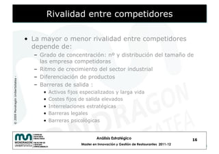 Rivalidad entre competidores

                                    •  La mayor o menor rivalidad entre competidores
                                       depende de:
                                      –  Grado de concentración: nº y distribución del tamaño de
                                         las empresa competidoras
                                      –  Ritmo de crecimiento del sector industrial
                                      –  Diferenciación de productos
© 2009 Mondragón Unibertsitatea -




                                      –  Barreras de salida :
                                         •  Activos fijos especializados y larga vida
                                         •  Costes fijos de salida elevados
                                         •  Interrelaciones estratégicas
                                         •  Barreras legales
                                         •  Barreras psicológicas


                                                                  Análisis Estratégico                            16
                                                         Master en Innovación y Gestión de Restaurantes 2011-12
 