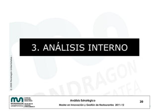 3. ANÁLISIS INTERNO
© 2009 Mondragón Unibertsitatea -




                                                  Análisis Estratégico                            20
                                         Master en Innovación y Gestión de Restaurantes 2011-12
 