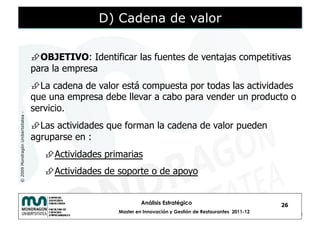 D) Cadena de valor

                                     OBJETIVO: Identificar las fuentes de ventajas competitivas
                                    para la empresa
                                     La cadena de valor está compuesta por todas las actividades
                                    que una empresa debe llevar a cabo para vender un producto o
                                    servicio.
© 2009 Mondragón Unibertsitatea -




                                     Las actividades que forman la cadena de valor pueden
                                    agruparse en :
                                        Actividades primarias
                                        Actividades de soporte o de apoyo


                                                                 Análisis Estratégico                            26
                                                        Master en Innovación y Gestión de Restaurantes 2011-12
 
