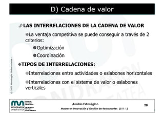 D) Cadena de valor

                                     LAS INTERRELACIONES DE LA CADENA DE VALOR
                                       La ventaja competitiva se puede conseguir a través de 2
                                      criterios:
                                          Optimización
                                          Coordinación
© 2009 Mondragón Unibertsitatea -




                                     TIPOS DE INTERRELACIONES:
                                       Interrelaciones entre actividades o eslabones horizontales
                                       Interrelaciones con el sistema de valor o eslabones
                                      verticales


                                                               Análisis Estratégico                            28
                                                      Master en Innovación y Gestión de Restaurantes 2011-12
 
