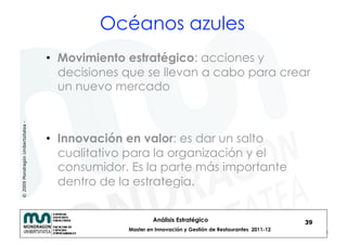 Océanos azules
                                    •  Movimiento estratégico: acciones y
                                       decisiones que se llevan a cabo para crear
                                       un nuevo mercado
© 2009 Mondragón Unibertsitatea -




                                    •  Innovación en valor: es dar un salto
                                       cualitativo para la organización y el
                                       consumidor. Es la parte más importante
                                       dentro de la estrategia.


                                                           Análisis Estratégico                            39
                                                  Master en Innovación y Gestión de Restaurantes 2011-12
 