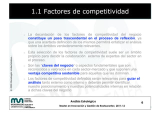 1.1 Factores de competitividad


                                    o    La decantación de los factores de competitividad del negocio
                                         constituye un paso trascendental en el proceso de reflexión, ya
                                         que una acertada definición de los mismos permitirá enfatizar el análisis
                                         sobre los ámbitos verdaderamente relevantes.
                                    o    Esta selección de los factores de competitividad suele ser un ámbito
                                         propicio para decidir la colaboración externa de expertos del sector en
© 2009 Mondragón Unibertsitatea -




                                         el proceso.
                                    o    Son las “claves del negocio” o aspectos fundamentales que son
                                         reconocidos y valorados en cada sector-mercado y que suponen una
                                         ventaja competitiva sostenible para aquellos que las dominan.
                                    o    Los factores de competitividad definidos serán relevantes para guiar el
                                         análisis tanto externo como interno y deberán permitir identificar
                                         nuestro posicionamiento y nuestras potencialidades internas en relación
                                         a dichas claves del negocio


                                                                      Análisis Estratégico                            6
                                                             Master en Innovación y Gestión de Restaurantes 2011-12
 