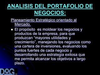 ANALISIS DEL PORTAFOLIO DE
         NEGOCIOS:
 Planeamiento Estratégico orientado al
   Mercado.
  El propósito es moldear los negocios y
   productos de la empresa, para que
   produzcan “mayores utilidades y
   crecimiento”, manejando los negocios como
   una cartera de inversiones, evaluando los
   puntos fuertes de cada negocio y
   desarrollando una estrategia exitosa que
   me permita alcanzar los objetivos a largo
   plazo.
 