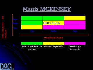 Matriz MCKINSEY
del




                  Bajo
                                               DOG S.R.L.
Posicionamiento




                  Medio

                  Alto
Producto




                                  Alto                 Medio               Bajo

                                                Atracción del Sector


                          Avanzar y defender la Mantener la posición   Cosechar y/o
                                posición                                desinvertir
 
