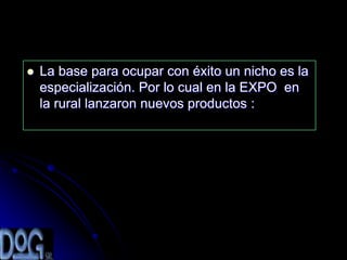    La base para ocupar con éxito un nicho es la
    especialización. Por lo cual en la EXPO en
    la rural lanzaron nuevos productos :
 