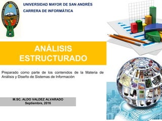 ANÁLISIS
ESTRUCTURADO
M.SC. ALDO VALDEZ ALVARADO
Preparado como parte de los contenidos de la Materia de
Análisis y Diseño de Sistemas de Información
UNIVERSIDAD MAYOR DE SAN ANDRÉS
CARRERA DE INFORMÁTICA
 