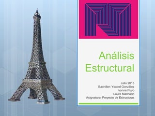 Análisis
Estructural
Julio 2016
Bachiller: Ysabel González
Ivonne Puyo
Laura Machado
Asignatura: Proyecto de Estructuras
 