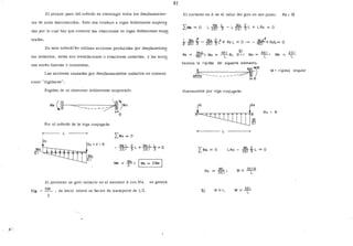 El primer paso del método es restringir todos los desplazamien-
tos de junta desconocidos. Esto nos conduce a vigas doblemente empotr~
das por lo cual hay que conocer las reacciones en vigas doblemente em~
tradas.
En este métodose utilizan acciones producidas por desplazarriie!:!
tos unitarios, estas son translaciones o rotaciones unitarias, y las acci~
nes serán fuerzas o momentos.
Las acciones causadas J20r desplazamientos unitarios se conocen
como "rigideces".
Rigidez de un elemento doblemente empotrado:
Por el método de la viga conjugada:
L
IRI
.M>_h=onnrrjR'•V•e
El
MA
El
Me ~A ; 1 MA = 2 Me
Ma
Al provocar un giro unitario en el extremo A con MA se genera
MA , es decir existe un factor de transporte de 1/2.
2
81
El cortante en A es el valor del giro en ese punto: Rz: 8
o
1 MA f MA 2 2 - o MAt:+ L- o22ET3- ill3L + Rzl- - -4IT R2 -
MAL. 4EI Si 4EI
Rz = 4 EI , MA = -e-8; e= 1 MA = --¡::-; Ms
2EI
-e-
Veamos la rigidez del siguiente elemento:
~-----------;;?tr
Nuevamente por viga conjugada:
Rz
L
ML 2
LRz - 2Ef 3""L =O
Rz - ~E1 i
sj 8=1,
M= 3Eie
L
M= 3CI
M= rigidez angular
e
 