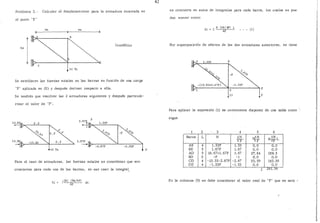 Problema 3.- Calcular el desplazamiento para la armadura mostrada en
el punto "E"
4m 4m
e
10 Tn
Se establecen las fuerzas axiales en las barras en función de una carga
"P" aplicada en (E) y después derivar respecto a ella.
Se tendrán que resolver las 2 armaduras siguientes y después particula-
rizar el valor de "P".
p
2.~~,~>::c-:.:..:.:::.::..___1'-
10 Tn
Para el caso de armaduras, las fuerzas axiales se consideran que son
constantes para cada una de las barras, en ese caso la integral_
4L
p
se convierte en suma de integrales para cada barra, los cuales se pue·
den sumar como:
Por superposición de efectos de las dos armaduras anteriores, se tiene
-1.33P• -(13.53+2.67P)
~~C-------~D--------~~E
10 p
Para aplicar la expresión (l) es conveniente disponer de una tabla como '
sigue
l 2 3 4 5 6
Barra L N aN
~~ NaN L
TP w
AB 4 l.33P l. 33 0.0 0.0
BE 5 l. 67P l. 67 o. o 0.0
AD 5 16. 6it-1. 67P l. 67 27.84 139.2
BD 3 -P -1 a. o 0.0
CD 4 -13.33-2.67P -2.67 35.59 1~2.36
1 DE 4 -l. 33P -l. 33 0.0 o. o
28L5b
En la columna (5) se debe considerar el valor real de "P" que en este -
 