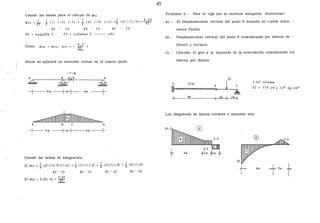 45
Usando las tablas para el cálculo de Wv-i Problema 3.- Para la viga que se muestra enseguida, determinar:
Wv-i =ir } (1) (-3) (-1) +} (4) (-3) L-1) +} (4) (-1) (4)=-2.Ji a).- El desplazamiento vertical del punto B tomando en cuenta única-
R2 C2 R2 • CZ RZ C4 mente flexión
R2 ~eng!6n 2 C2 = columna 2 ------ e~e.
b).- Desplazamiento vertical del punto B considerando los efectos de -
Como Wve Wv-i; t:.ve o. 3 t
- rr:: flexión y cortante
e).- Calcular el giro a la izquierda de la articulación considerando los
Ahora se aplicará un momento virtual en el mismo punto efectos por flexión
1 T-M
A B 'le f D
~~----~~~7·~,----~~
--1---4m. ---tlm.t--· 4m. ---!--
1
~A B e o
-+--- 4 m. ---+!m +----- 4m. ---+-
Usando las tablas de integración:
EI Wv-i = i (4) (1+0.5) (1) (6) +} (l) (1} (-3) ++(4) (1) (-3) + +(4) {1) (4)
R3 • C7
EI Wv-i = 5.83; ee = 5
É{3
R3 • C1 R2 • C2 R2 • C4
A :IT/m
~ B~e
I 12" Liviana
A
EI = 179.64x 10 8
k.g-em 2
4m lm 1m
Los diagramas de fuerza cortante y momento son:
10.5
26
4m
 